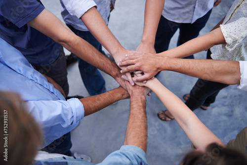Hands, teamwork and business people with top view of collaboration, partnership or cooperation. Support, unity and partners with finger stack for motivation, team building or success celebration