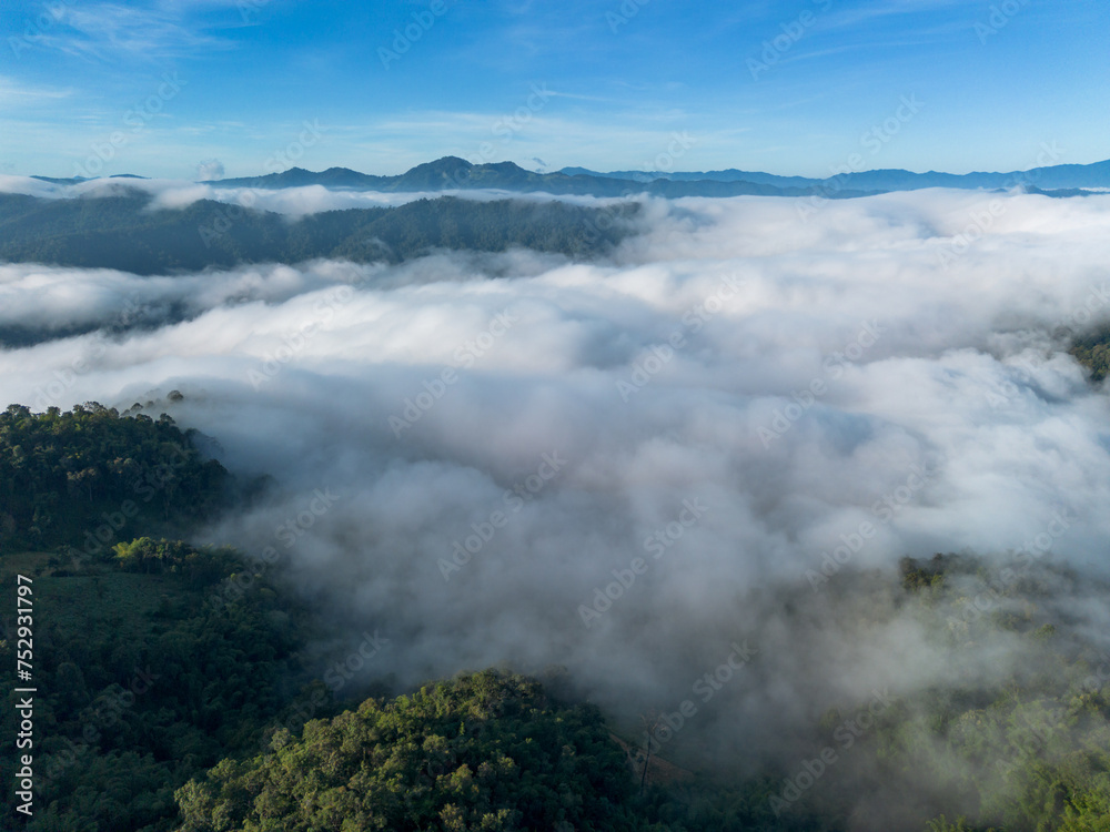 Obraz premium High-angle landscape in the sea of ​​mist exploring many forest areas the legend of the forest sky at the center of perfection. And the views here are the breathtaking pinnacle of winter in Thailand.
