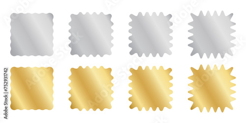 Set of silver and gold square stickers with wiggle borders. Shining labels, badges, price tags, coupons, stamps undulate shapes isolated on white background. Vector illustration.