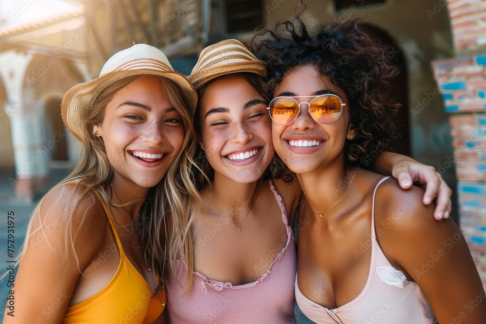 Fototapeta premium Close-knit group of friends with radiant smiles, stylish in summer wear and straw hats