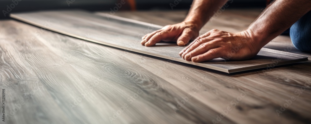 Laying the laminate floor with detail of  worker men's hands, banner job concept. Generative Ai. - obrazy, fototapety, plakaty 