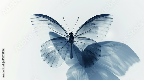 X-ray butterfly image on light background with sun rays and strong shadows. Aesthetic nature concept. Generative AI