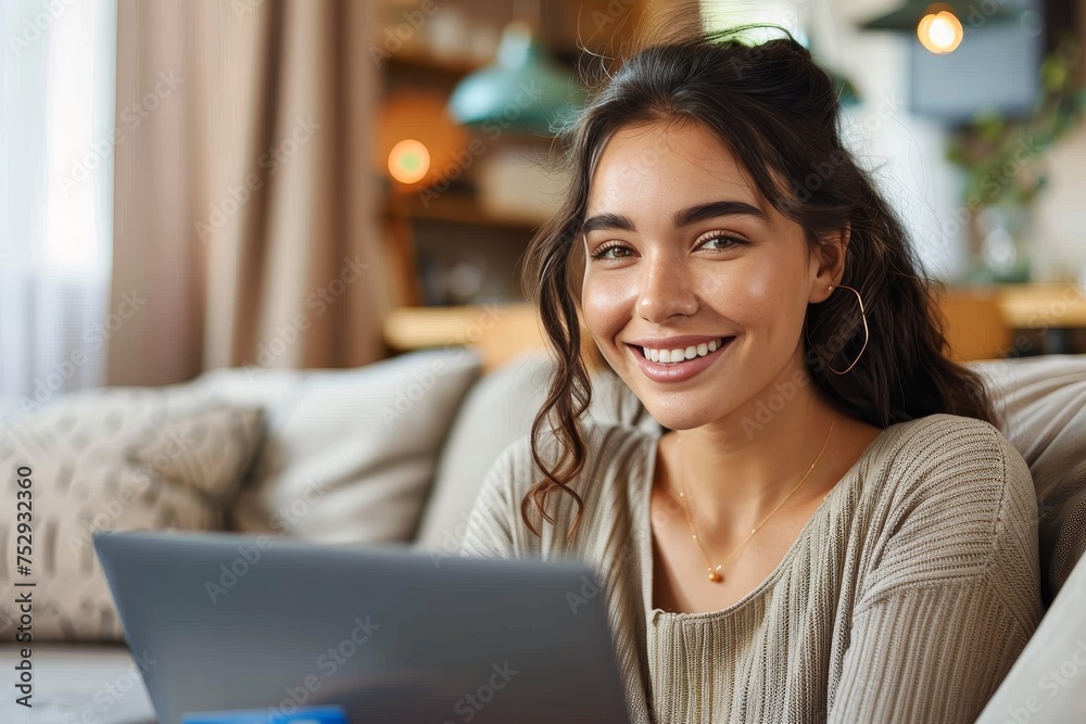 Smiling young woman using a laptop in a comfortable home setting, embodying a relaxed work-life balance Smiling young woman using a laptop in a comfortable home setting, embodying a relaxed work-life balance