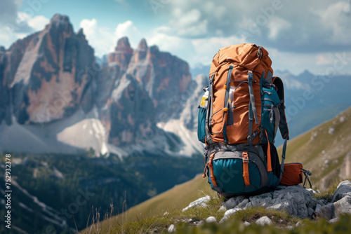 A large, washable hiking backpack standing on a stone with mountains in the background. Mountain landscape with a hiking backpack 
