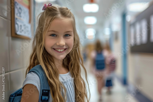 Happy smiling caucasian girl in the school corridor on her first day of school, back to school concept