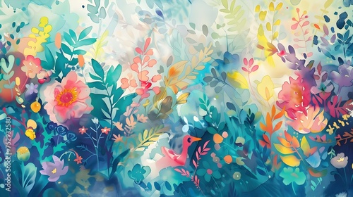 A beautiful watercolor painting of a flower garden featuring intricate underwater worlds style illustration with bright colors and blooming flowers