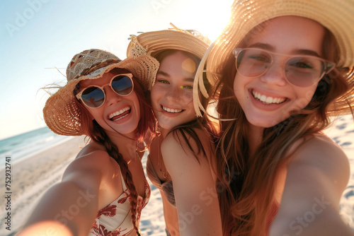 Three girls on vacation are smiling and posing for a selfie, generative ai