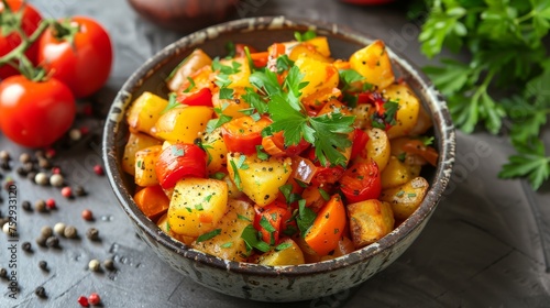 Top view of colorful vegetable stew with potatoes, carrots and fresh herbs
