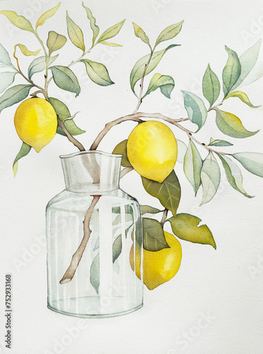 Lemon branch in glass vase watercolor illustration, isolated on white background. For greeting cards, stickers, mugs, t-shirts, posters, prints. Composition with yellow lemon tree, green summer leaves