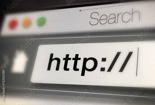 Closeup, web and url of search bar on computer screen for information, worldwide surfing and server. Homepage, html and webpage address for browsing, research download and online portal on internet