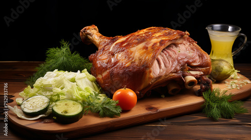 Roasted pork knuckle with cabbage and mustard on wooden cutting board