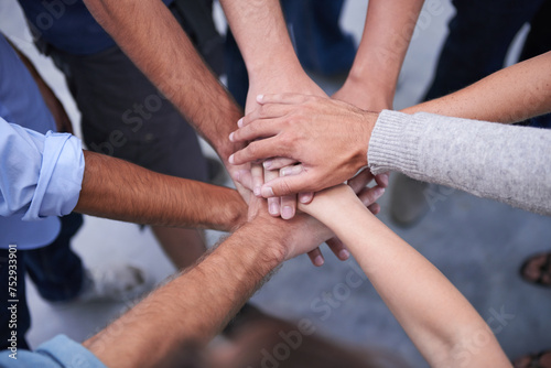 Teamwork  hands and business people with top view of collaboration  partnership or cooperation. Support  unity and partners with finger stack for motivation  team building or success celebration
