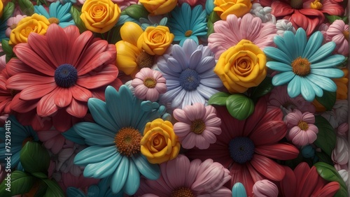 Blooming colorful flowers pattern background.