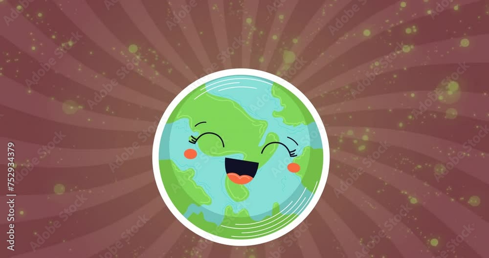 Animation of laughing planet earth and green light spots over radial brown stripes Animation of laughing planet earth and green light spots over radial brown stripes