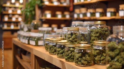 Cannabis dispensary shelf with product display. Glass jars of cannabis in a modern dispensary setting. Retail display of marijuana strains in a dispensary.