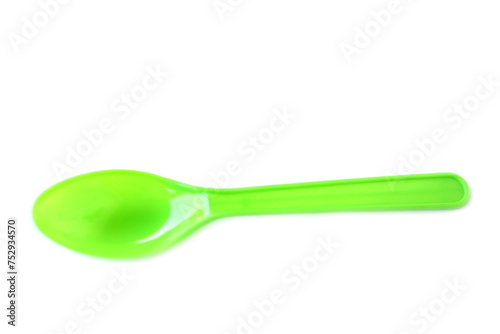 Green plastic disposable spoons isolated on white background. Concept, equipment for eating utensil, can be reuse or recycle to made DIY craft.      