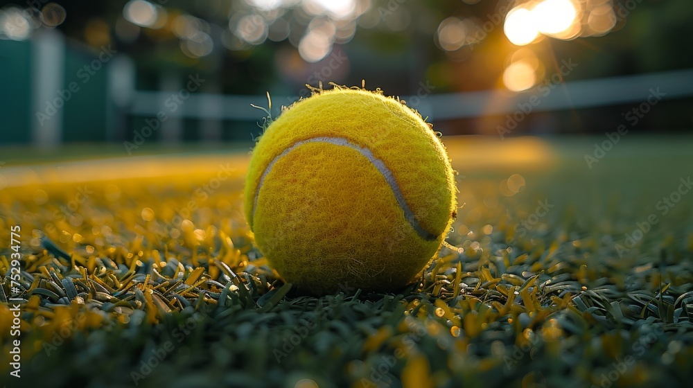 Sunset game on an artificial grass tennis court with a vibrant ball. Evening tennis matches highlighted by the golden hour light. Warmth of the setting sun on a peaceful tennis court. - obrazy, fototapety, plakaty 