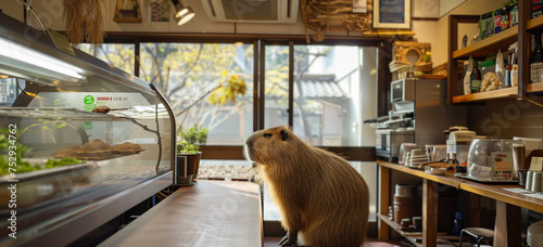 Employee at a Capybara cafe  or Capybara bar in Tokyo. Hand edited Ai image.
 photo