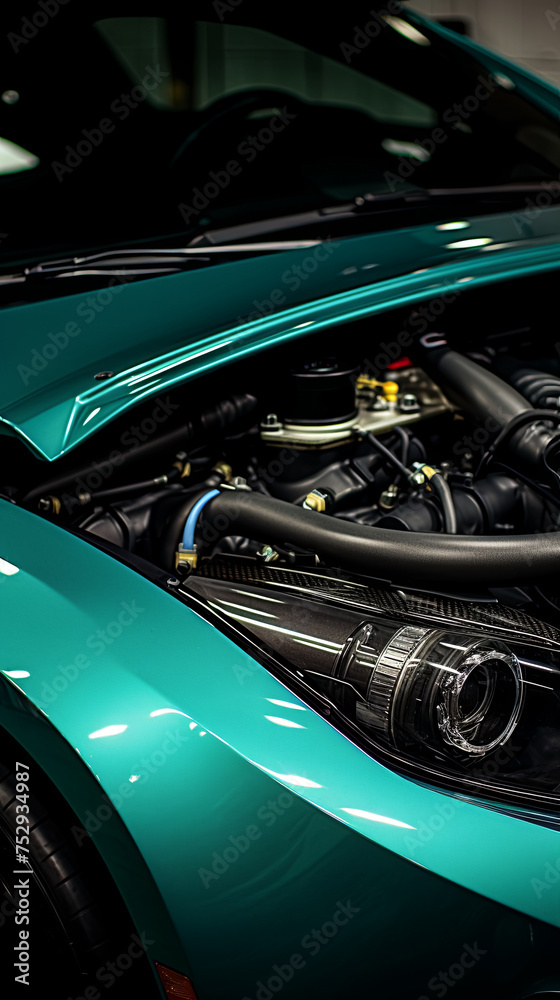 High-performance vehicle's customized intake manifold stands out under controlled, studio-lit conditions.