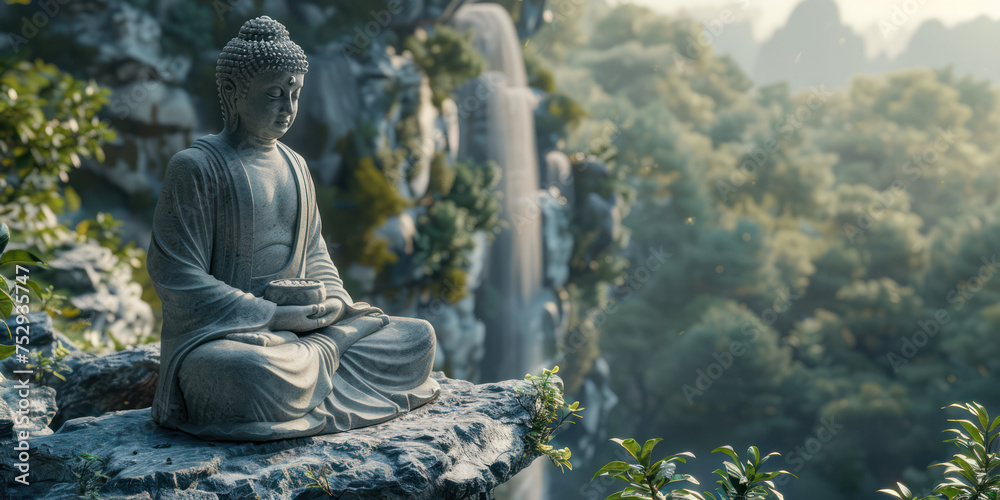 A statue of Buddha in the posture of holding hands is carved in stone on a high cliff with a waterfall flowing