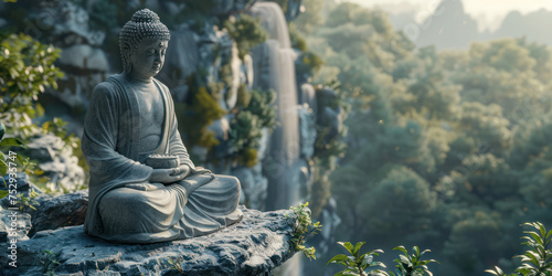 A statue of Buddha in the posture of holding hands is carved in stone on a high cliff with a waterfall flowing © Attasit