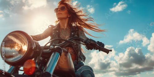 Beautiful woman biker wearing glass with tattoos muscled arms and legs, long hair in the wind, high heel boots, top, leather jacket, motorcycle photo