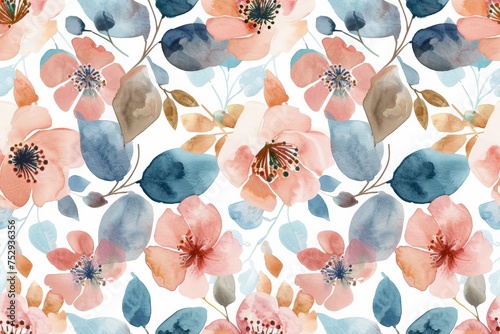 Charming watercolor floral pattern with a blend of coral and blue hues.