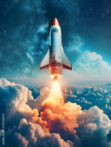 Experience the thrill of space exploration with this photorealistic painting of a rocket ship taking off into space showcasing the three-dimensional concept of a rocket moving up from the clouds