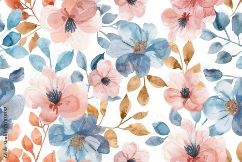 Ethereal watercolor floral pattern with blue and coral blooms.