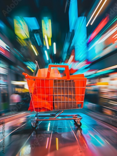 A shopping cart is moving in a city street in a pop art-inspired and psychedelic style with neon lights and motion blur