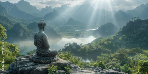 Buddha statues carved into the high cliffs of mountains, beneath which are lakes, verdant forests, morning mist, and rays of light photo