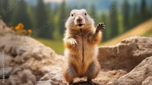 Cute alpine marmot, groundhog standing on its paws. screams and whistling after ibernation on springtime. Groundhog day