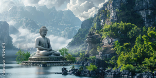 Buddha statues carved into the high cliffs of mountains  beneath which are lakes  verdant forests  morning mist  and rays of light