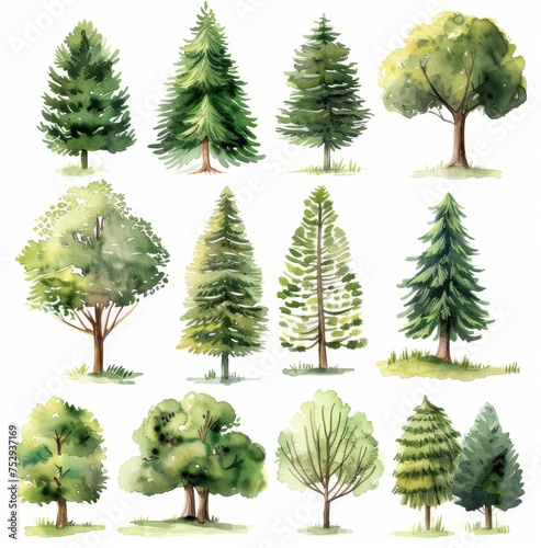 Watercolor painted various tree collection. An array of watercolor trees showcasing different species and styles  perfect for design or educational purposes  capturing the essence of flora