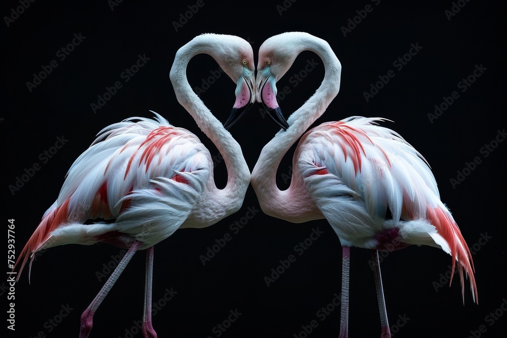 Naklejka premium Graceful flamingos forming a heart shape in a tender interaction