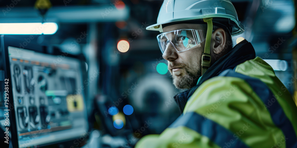 Male engineer wearing reflective clothing and white safety helmet, working with operating a PC, Designing, inspecting, and controlling machinery in automobile factories Male engineer wearing reflective clothing and white safety helmet, working with operating a PC, Designing, inspecting, and controlling machinery in automobile factories