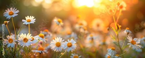 Vibrant daisies blooming in a sunlit field with blurred bokeh background. Concept Nature Photography, Flower Close-Up, Sunny Day, Spring Blooms, Bokeh Effect