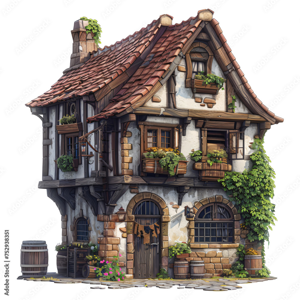 Digital illustration of a medieval tavern with a signboard. Fantasy tavern concept with detailed woodwork and stone masonry for RPG, storybook scenes, and digital art projects. Transparent background
