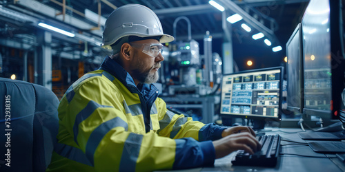 Male engineer wearing reflective clothing and white safety helmet, working with operating a PC, Designing, inspecting, and controlling machinery in automobile factories photo