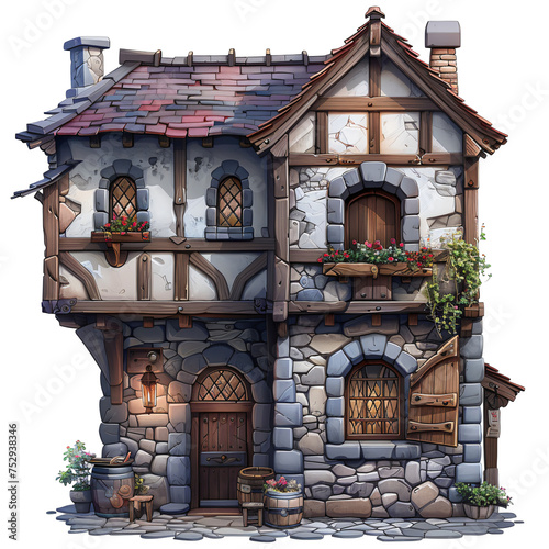 Digital illustration of a medieval tavern with a signboard. Fantasy tavern concept with detailed woodwork and stone masonry for RPG, storybook scenes, and digital art projects. Transparent background