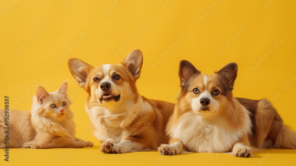 A loving pair of corgis and an elegant Ragdoll cat expressing their deep connection on a sunny yellow backdrop.