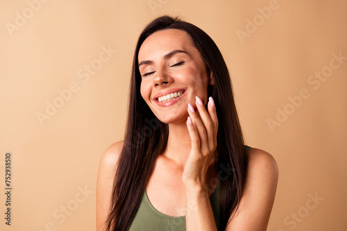 Wallpaper Mural Photo of joyful girl touch her face enjoy soft silky skin after using new cream isolated over pastel color background Torontodigital.ca