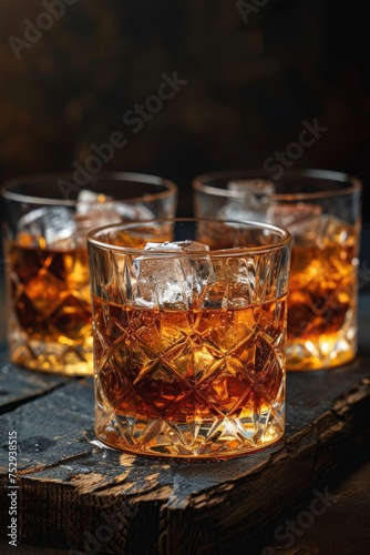 Elegant whiskey glasses with ice on a dark wooden background
