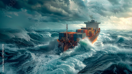 Cargo ship with containers in stormy ocean