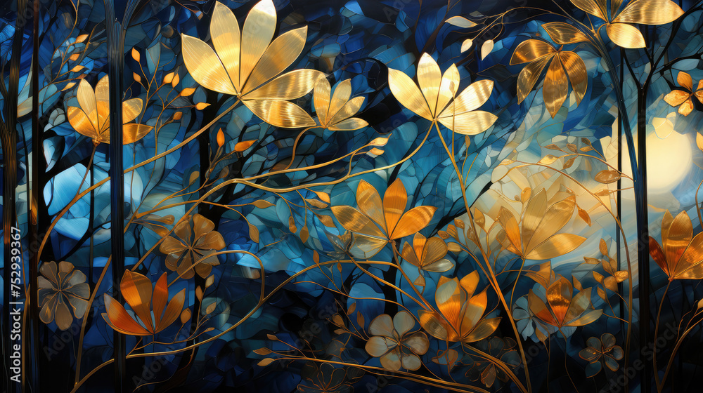 Elegant blue green and gold tropical leaves design background, wallpaper, generative AI Elegant blue green and gold tropical leaves design background, wallpaper, generative AI