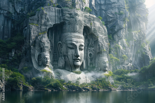 statues carved into the high cliffs of mountains, beneath which are lakes, verdant forests, morning mist, and rays of light © Attasit