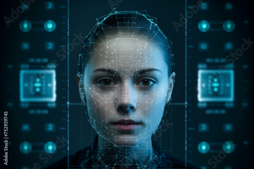 Face recognition technology concept. Woman in the biometric identification process.