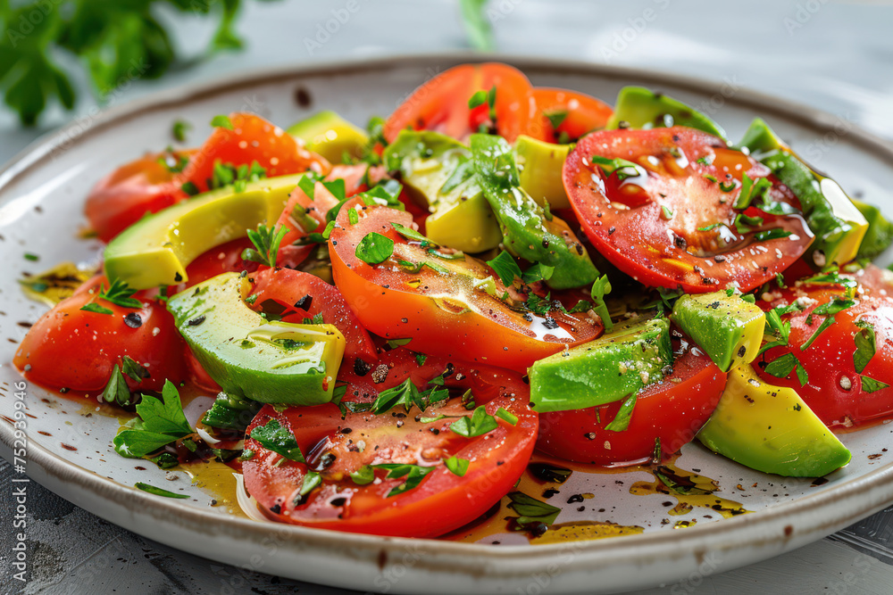 Tomato Avocado Salad in plate on a white stone background Tomato Avocado Salad in plate on a white stone background