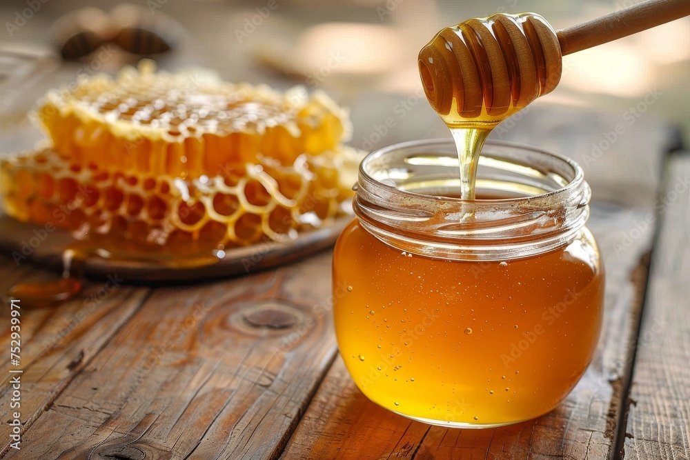 A honey dipper gently drips golden honey into a jar, showcasing the product's natural viscosity and appeal on a wooden surface A honey dipper gently drips golden honey into a jar, showcasing the product's natural viscosity and appeal on a wooden surface