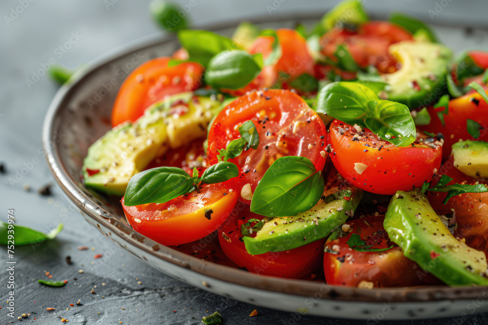 Tomato Avocado Salad in plate on a white stone background Tomato Avocado Salad in plate on a white stone background